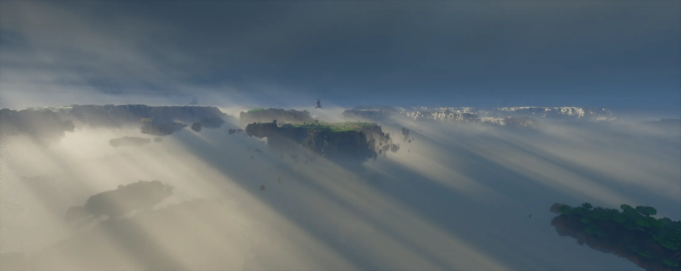 Distant sky-islands lit by god rays