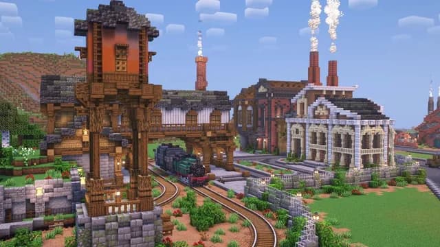Busy train station with towers and buildings